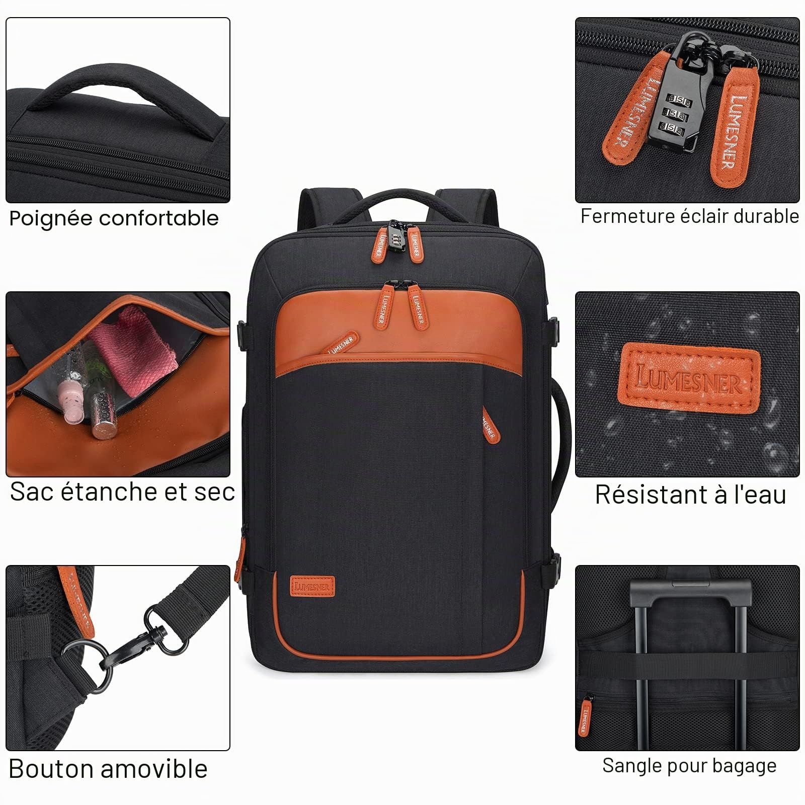 Sac à dos de transport extra large 40 L approuvé par les vols pour homme et femme, grand sac à dos extensible avec 4 cubes d'emballage, Noir (sac à dos avec 3 cubes d'emballage), XL
