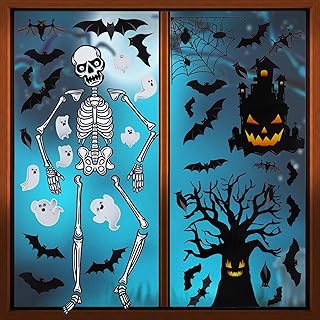 Halloween Window Clings Halloween Decorations 6 Sheets Halloween Window Stickers Decals Halloween Window Decorations with Skeleton Haunted House Ghost Bats Halloween Window Clings for Glass Windows