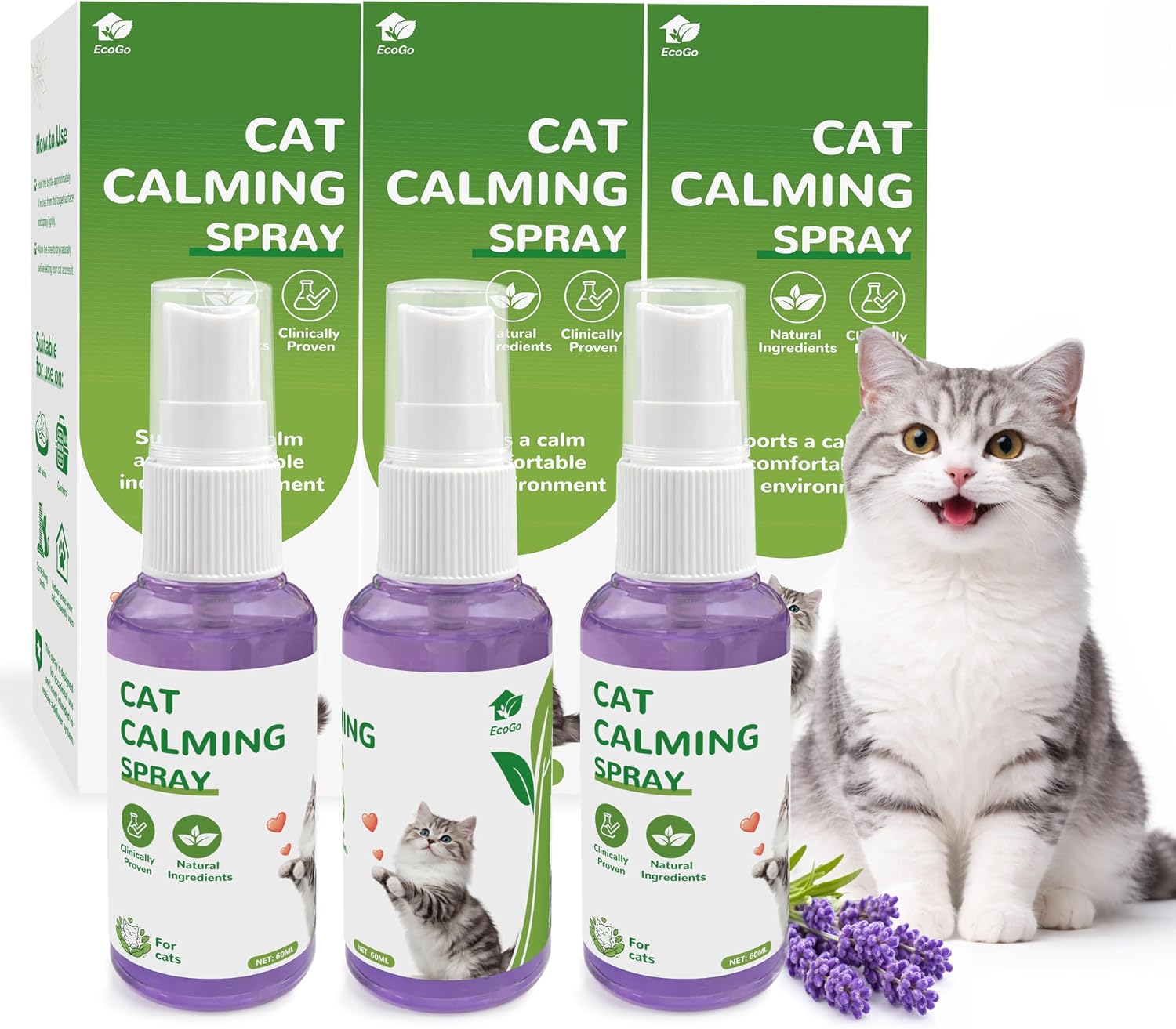 Cat Calming Spray for Indoor Cats, Pheromone-Based Formula for Cat Beds, Carriers, Travel and New Environments, 3 Pack, 2 fl oz Each