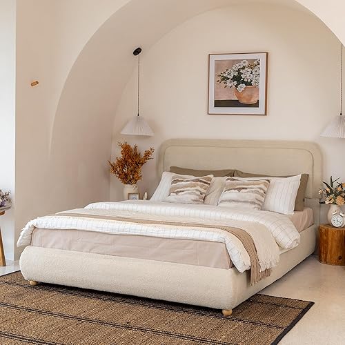 Miniatura 10 de Yechen Boucle Cloud - Marco de cama Queen con cabecera de esquinas redondeadas, marco de cama tapizado suave color crema con patas de madera maciza,