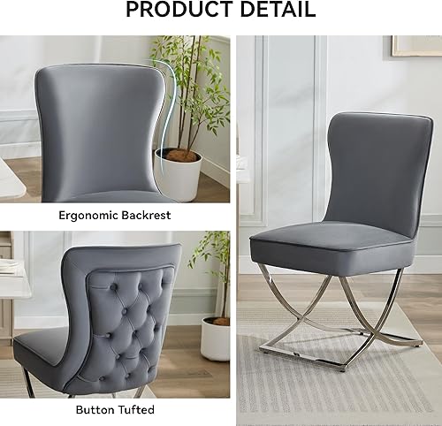 Miniatura 3 de Sillas de comedor de terciopelo de lujo, sillas de comedor tapizadas sin brazos con patas en X de metal plateado, juego de 2 sillas de comedor