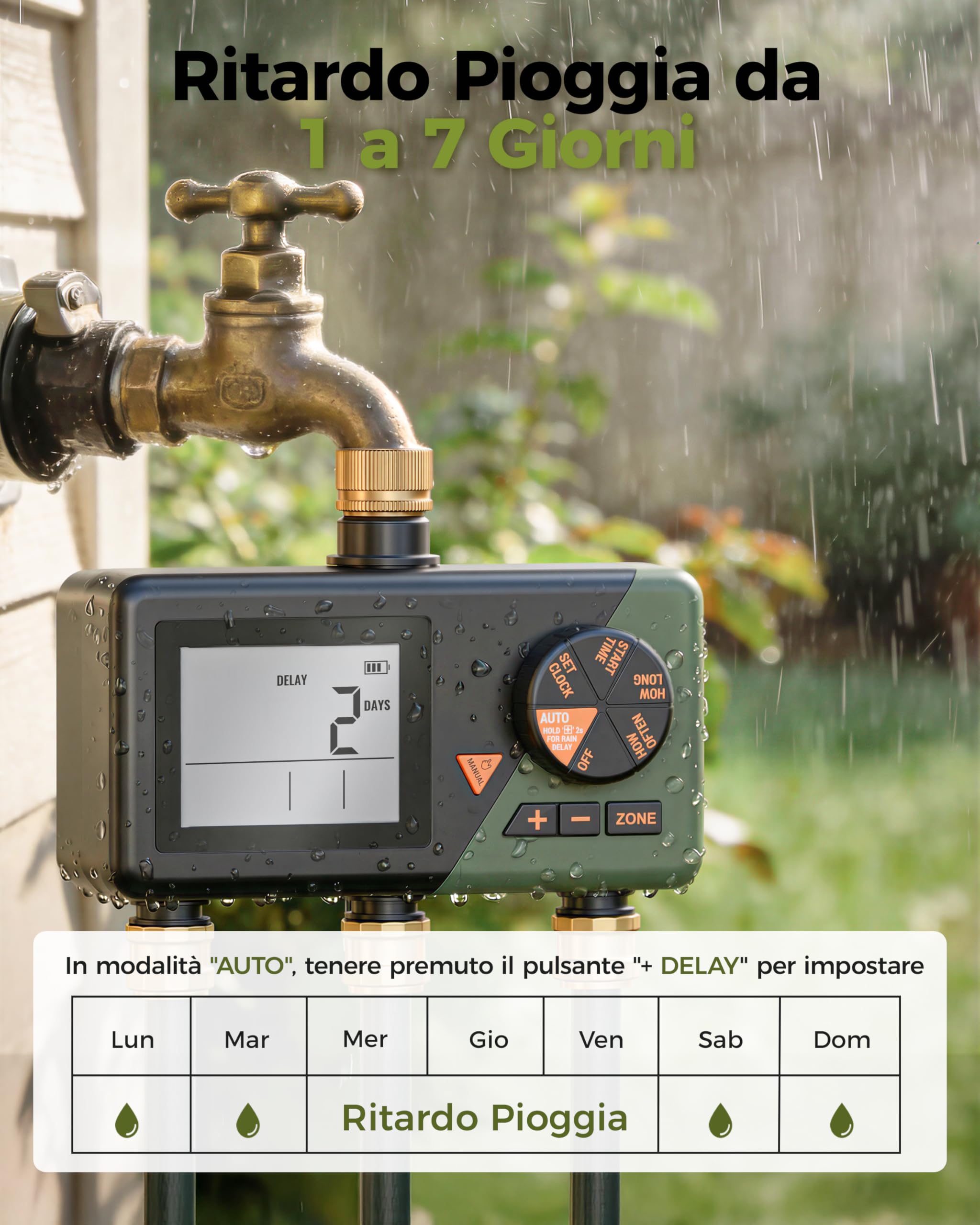 Diivoo Ottone Centralina Irrigazione 3 Vie per Giardino, Prato, Cortile | Ampio Display LCD, Ritardo Pioggia, Irrigazione Manuale
