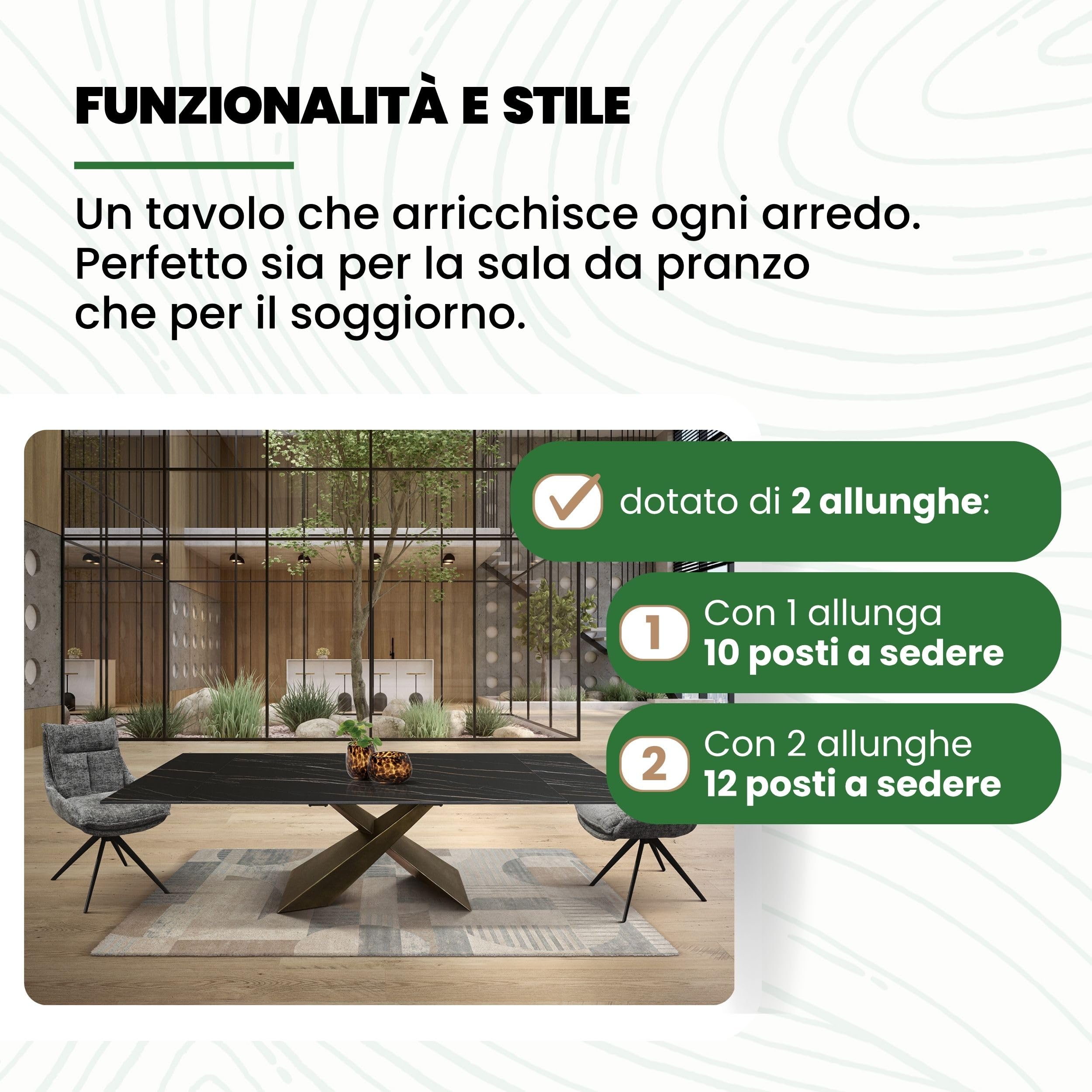 Mar.c.a. Design - Tavolo Effetto Marmo Allungabile 180/260x90x76 cm - Piano in Ceramica Golden e Gambe in Metallo Bronzo - Made in Italy