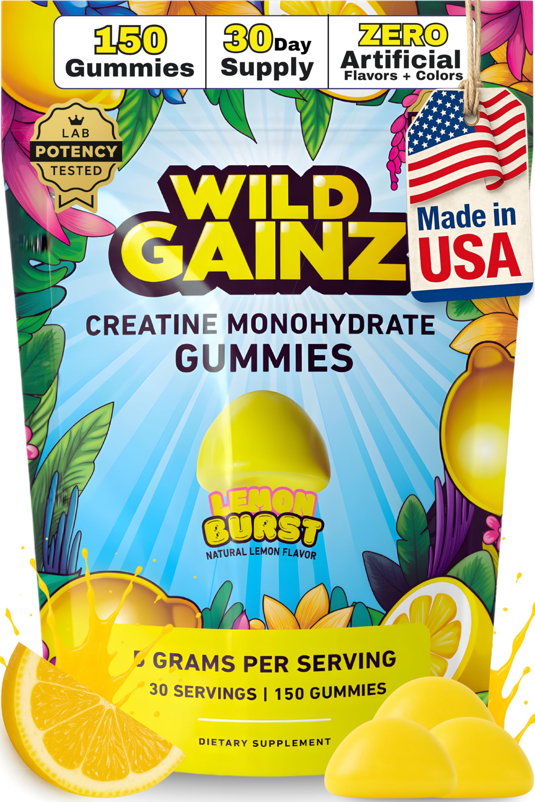 Creatine Monohydrate Gummies for Men & Women 5000mg - Made in USA, Potency Tested, Vegan, Supports Muscle Growth, Strength & Cognitive Function, Non-GMO Gluten-Free Lemon Flavored Creatine 150 Chews