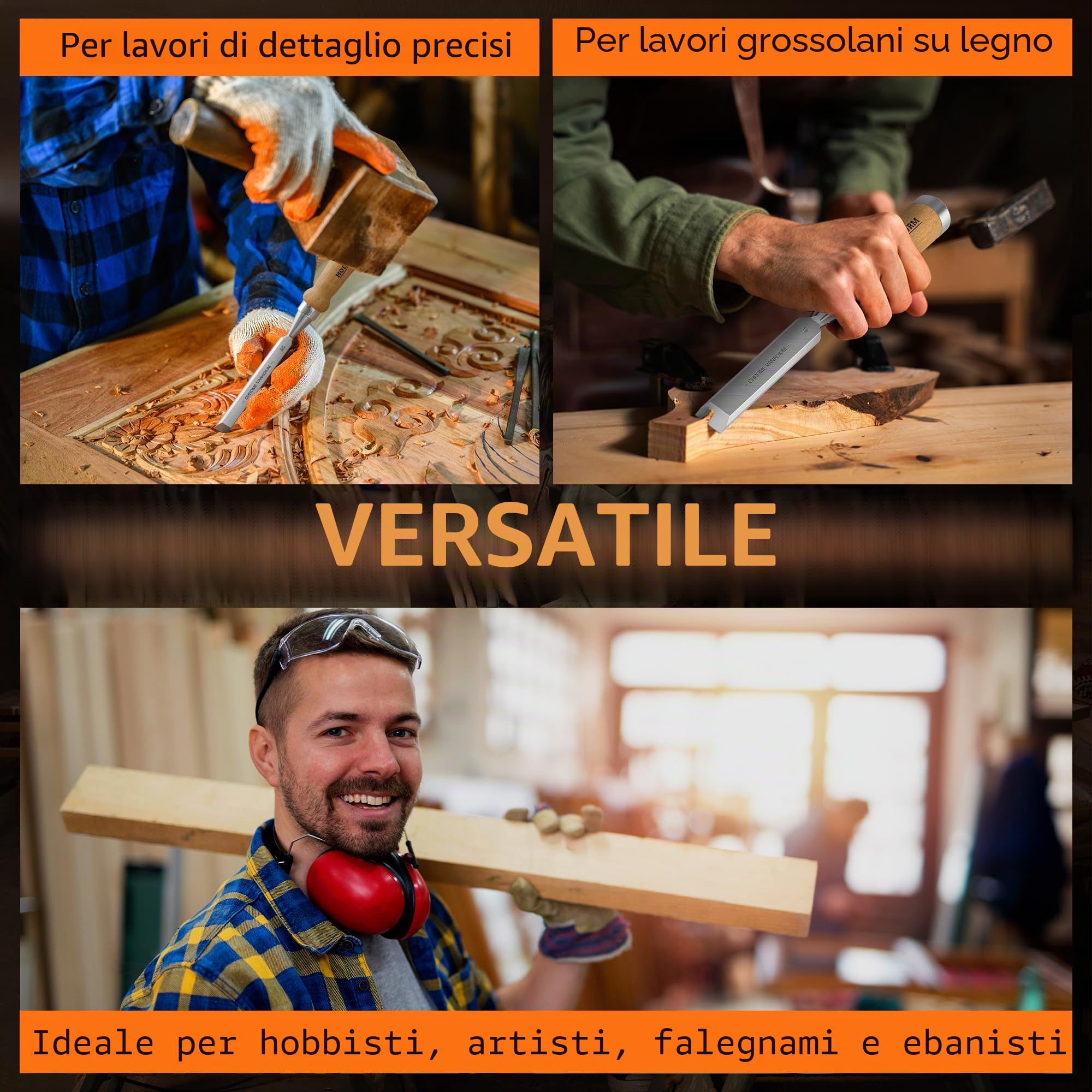 HOLZWURM Set di scalpelli per legno professionali, set di 6 scalpelli con pietra per affilare, istruzioni (EN) per l'affilatura e custodia in legno