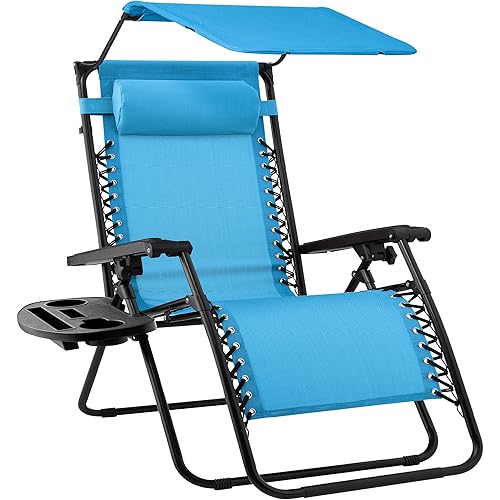Best Choice Products Folding Zero Gravity Outdoor Recliner Patio Lounge Chair w/Adjustable Canopy Shade, Headrest, Side Accessory Tray, Textilene Mesh - Light Blue