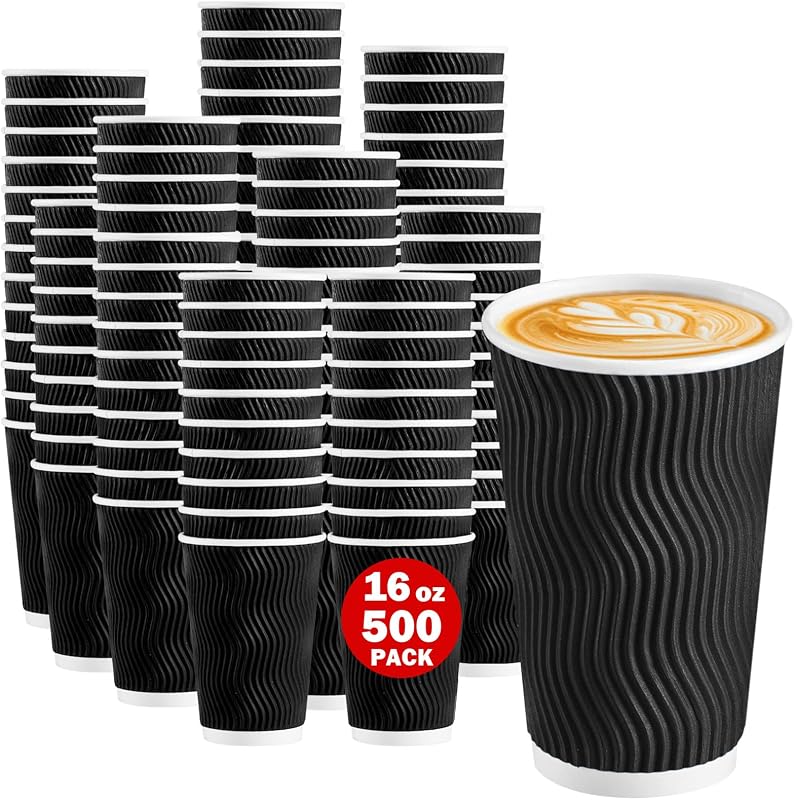 Lamosi 500 Pack Coffee Cups 16 oz, Disposable Paper Coffee Cups No Lids | 3-Layer Heat-Insulated Cups for To-Go Cold Beverages, Hot Tea and Drinks, Cafe, Travel, Party and Office Use (Black)