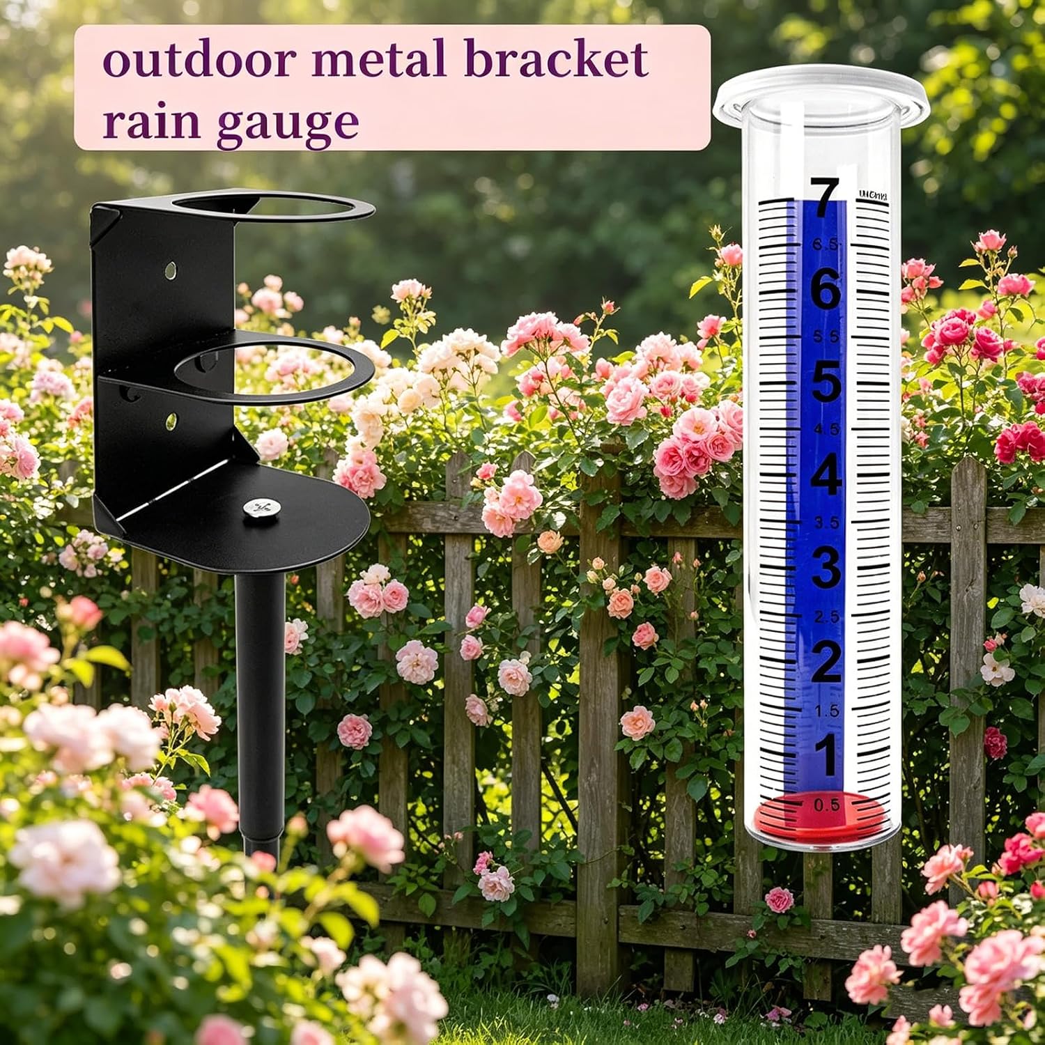 Rain Gauge Outdoor with Metal Stake Holder, Freeze Proof Thick Plastic Rain Meter, Large Clear Font Tube with Red Float for Yard Garden