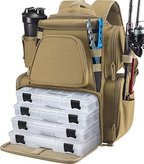 Piscifun Fishing Tackle Backpack with 2 Rod Holders, 4 Boxes & Rain Cover | Multi-pocket storage, fits 3600/3700 trays, bottle holder, padded straps for fishing