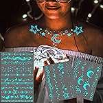 Blue Luminous Star Crescent Moon Temporary Tattoos For Women Clavicle Girls Adults Neck, 4 Sheets Sexy Lace Butterfly Planet Fake Necklace Glow In The Dark Tattoo Sticker, Night Glitter Party Supply