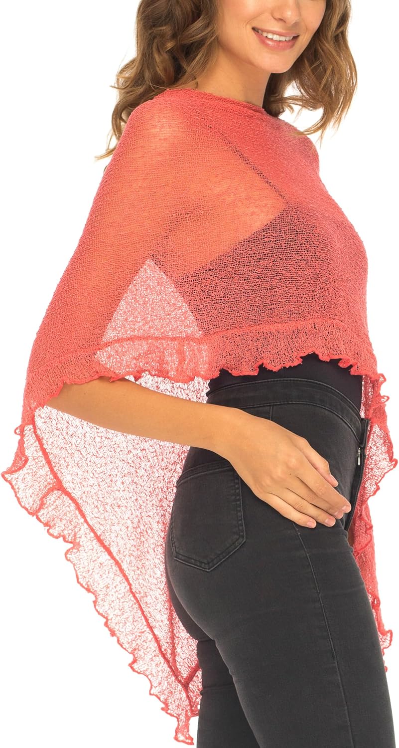 SHU-SHI Womens Sheer Knit Ruffle Poncho Shrug Lightweight Cover Up