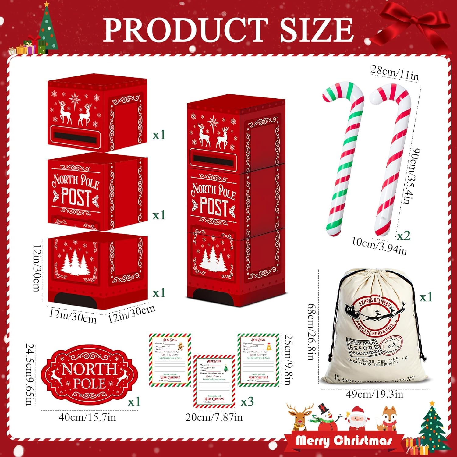 10 Pcs Christmas Letters to Santa Mailbox Kit North Pole Delivery Decoration with Letters Santa Sacks Christmas Decorative Box for Home Room Xmas Holiday Party Decorative