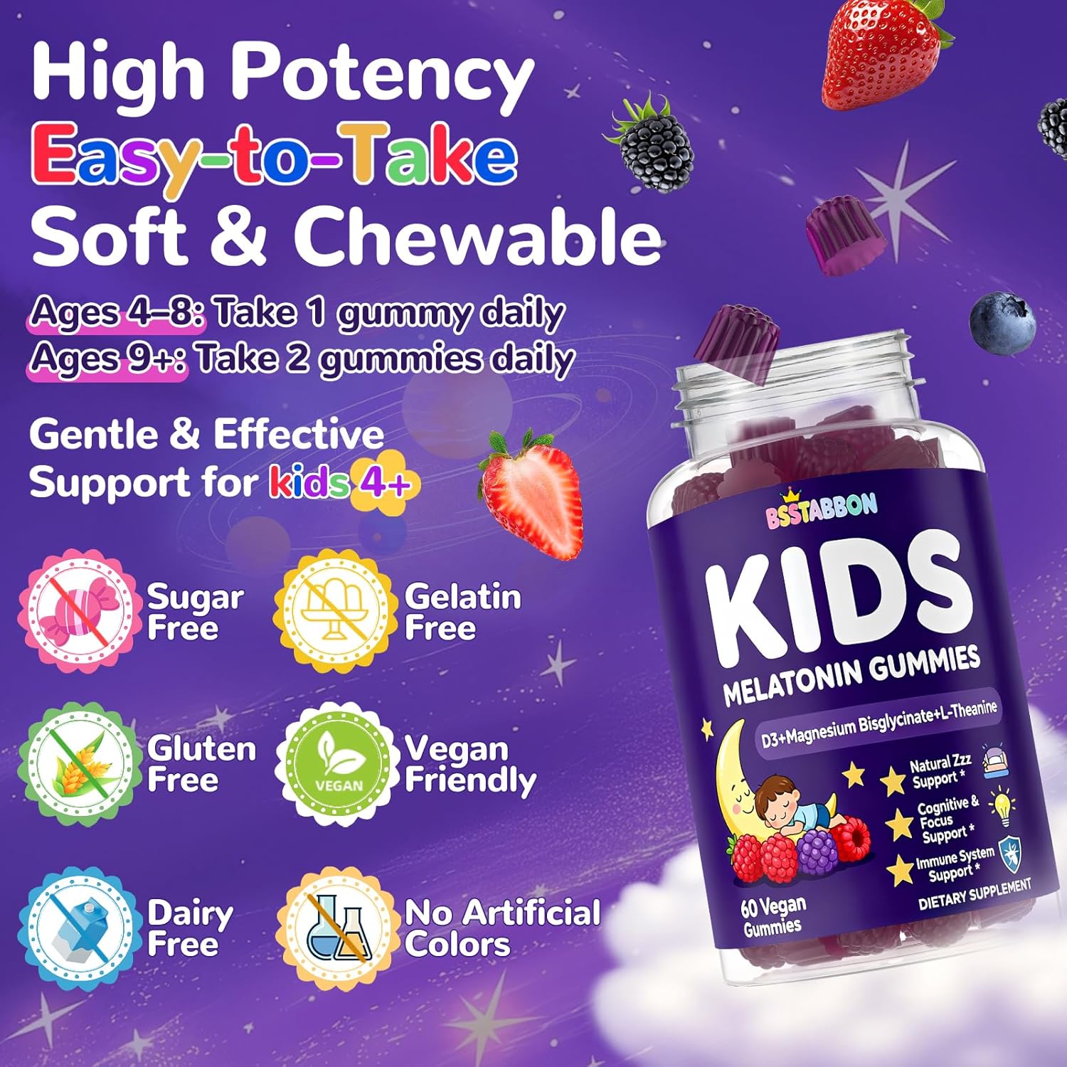 Melatonin Gummies Kids 1mg: Extra Strength Chewable Kids Melatonin Gummy Plus Magnesium Chamomile Lavender Elderberry L-Theanine D3 B6 - Natural Rest Cycles for Children Ages 4+(120Count)