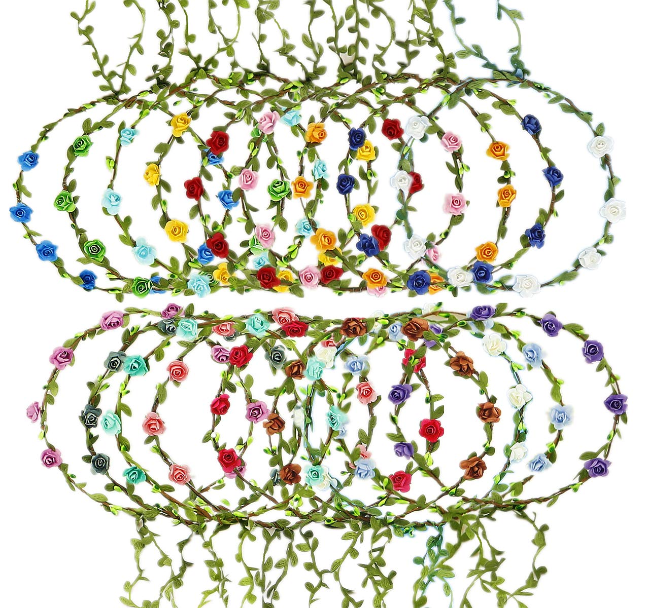 HOPEANT 18PCS Boho Paper Flower Crown Headbands - Multi-Color Rose Floral Wreaths for Women, Girls, Weddings, Parties