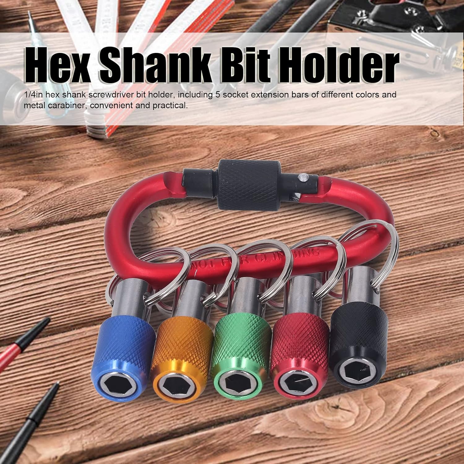 Aladeno 5Pcs Screwdriver Bit Holder 1/4 Inch Hex Shank Bit Holder Portable Drill Bit Holder with 5 Color Sockets Bit Holder Extension Bar Quick Change Drill Bit Holder (Red Carabiner)