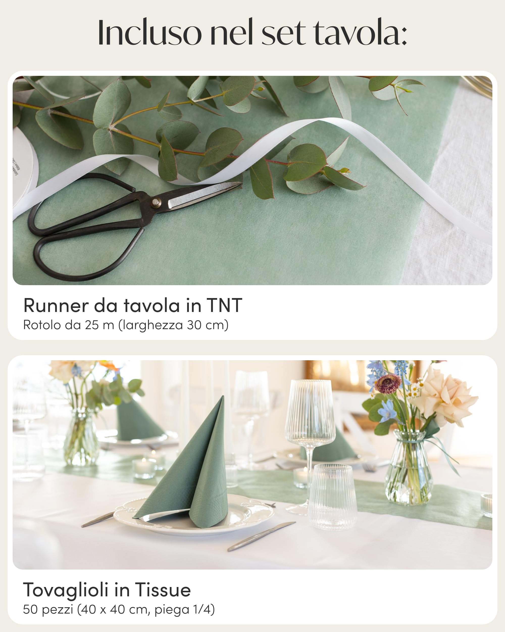 100%Mosel Set Decorazione Tavola – Verde Eucalipto (25–50 ospiti) Runner in TNT e Tovaglioli di Carta per Matrimonio, Battesimo, Comunione & Compleanno
