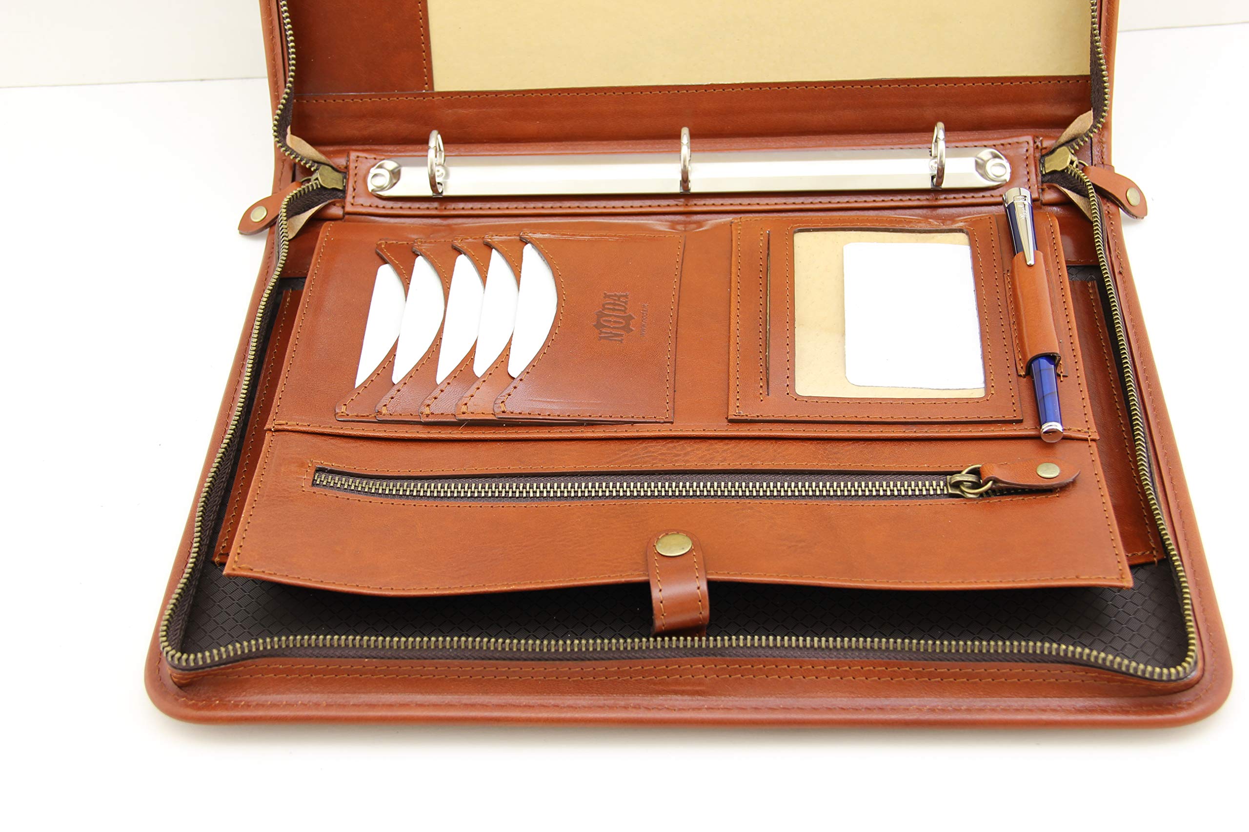 Noda Executive Leather Padfolio 3 raccoglitore ad anelli Professional Business portfolio W/chiusura con cerniera cognac