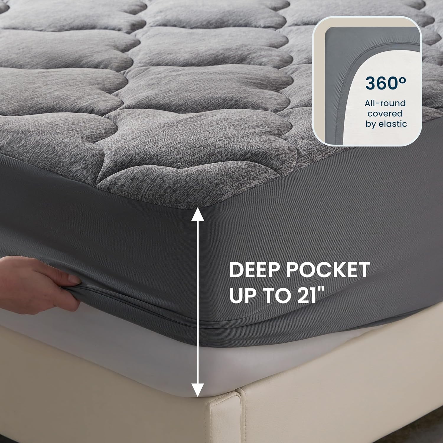 SLEEP ZONE Jersey Knit Mattress Pad, Queen Mattress Topper, Pillow Top Mattress Cover, Plush Fitted Mattress Protector Machine Washable (Queen, Grey)