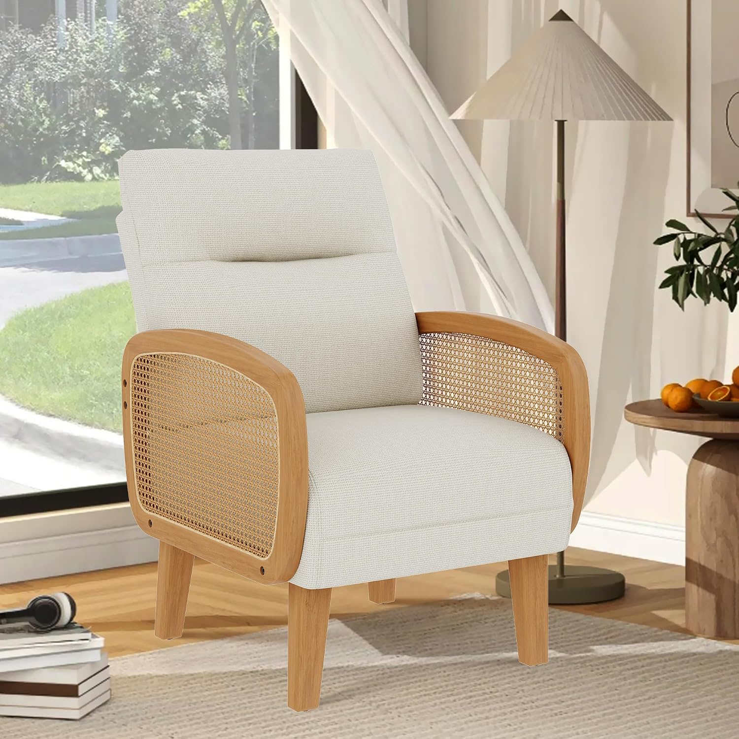 Yongchuang Beige Accent Chair Upholstered Faux Leather Natural Rattan Armchair Modern Bedroom Living Room Chairs Set of 2