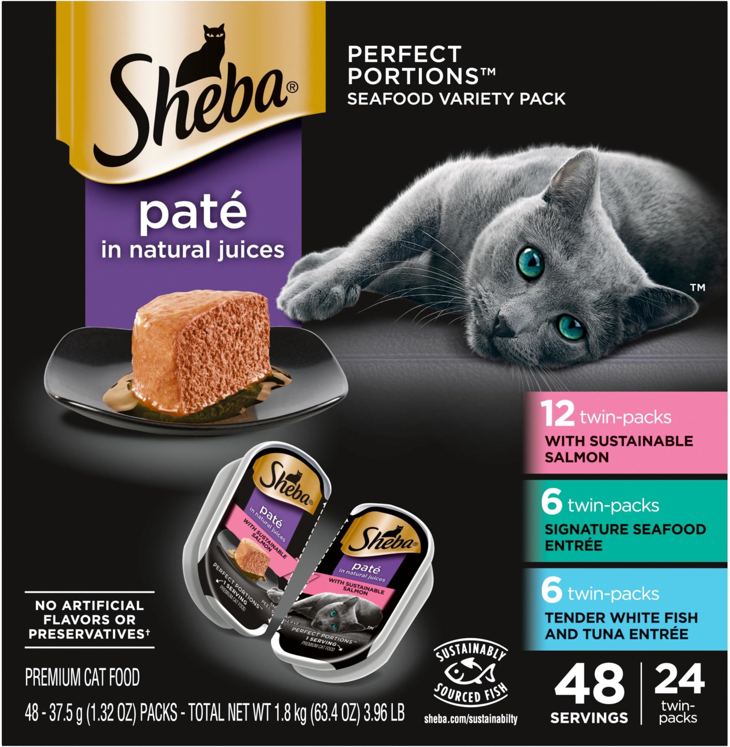 Sheba Perfect Portions Wet Cat Food Pate with Sustainable Salmon, Signature Seafood Entree, and Tender White Fish and Tuna Entree Variety Pack, 2.6 oz. Twin Pack Trays (24 Count, 48 Servings)