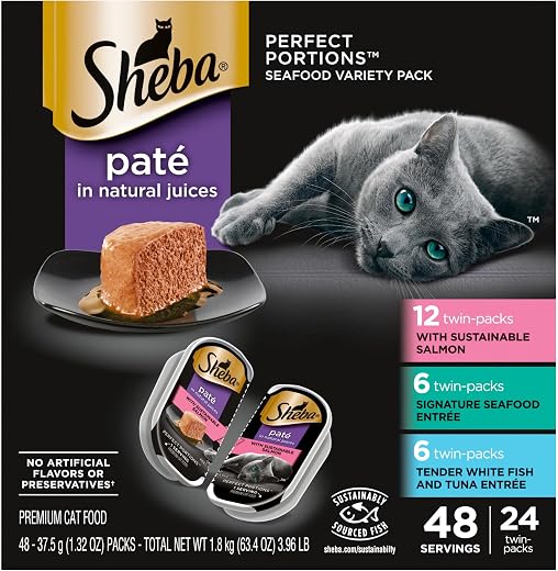 SHEBA PERFECT PORTIONS Paté Adult Wet Cat Food Trays (24 Count, 48 Servings), Signature Seafood Entrée, Easy Peel Twin-Pack Trays