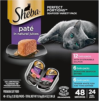 Sheba Perfect Portions Wet Cat Food Pate with Sustainable Salmon, Signature Seafood Entree, and Tender White Fish and Tuna Entree Variety Pack, 2.6 oz. Twin Pack Trays 24 Count, 48 Servings