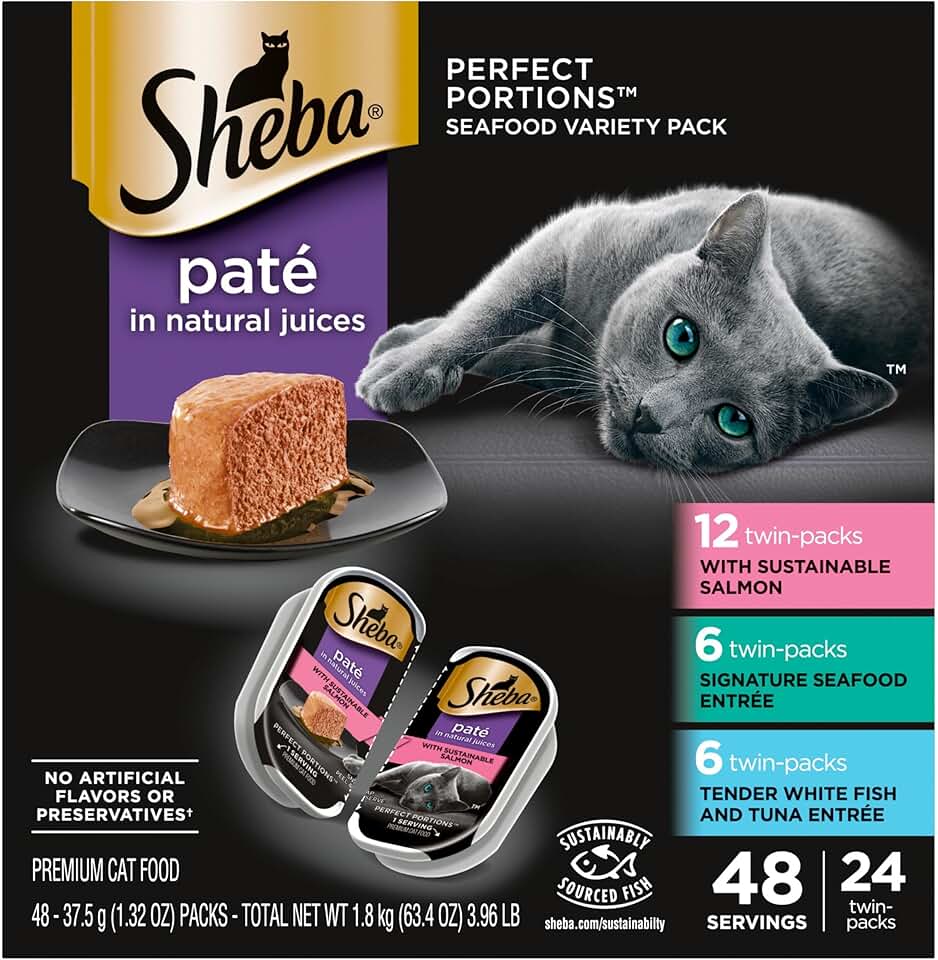 Sheba Perfect Portions Wet Cat Food Pate with Sustainable Salmon, Signature Seafood Entree, and Tender White Fish and Tuna Entree Variety Pack, 2.6 oz. Twin Pack Trays (24 Count, 48 Servings)