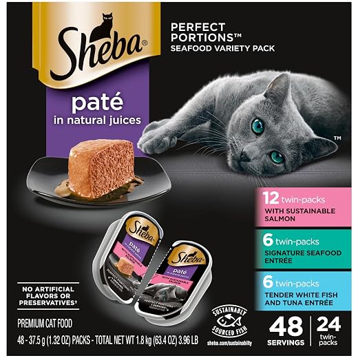 SHEBA PERFECT PORTIONS Paté Adult Wet Cat Food Trays (24 Count, 48 Servings), Signature Seafood Entrée, Easy Peel Twin-Pack Trays