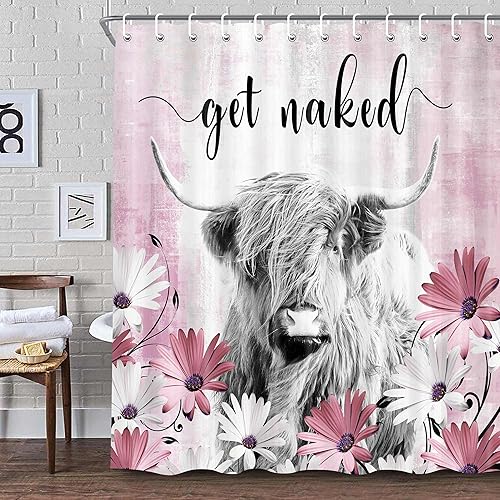 Miniatura 4 de Juego de cortinas de ducha divertidas de vaca de las tierras altas, cortinas de ducha divertidas para baño con diseño de vaca rústica, tela de