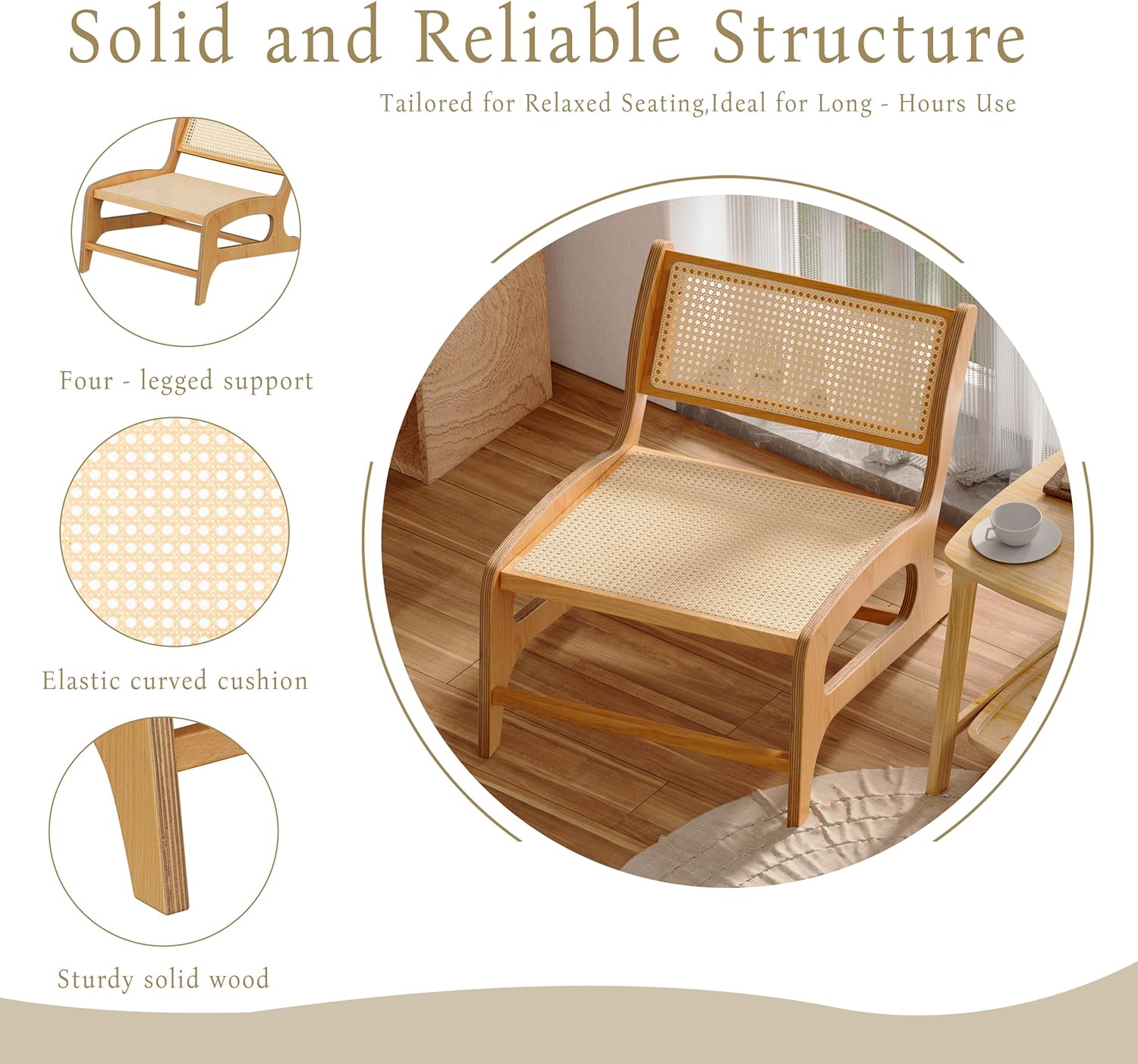 Chogori Mid Century Modern Wooden Lounge Chair Armless Rattan Accent Chair Lightweight Boho Style Seating Comfortable Single Chair for Living Room, Bedroom, or Patio (Natural-Oak, Set of 2)