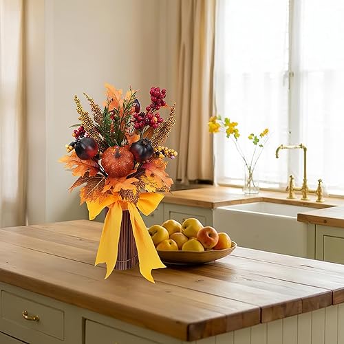 Miniatura 5 de Centros de mesa de otoño para mesas, flores falsas de otoño en jarrón, decoraciones de cosecha, arreglo floral de seda, decoración de calabaza