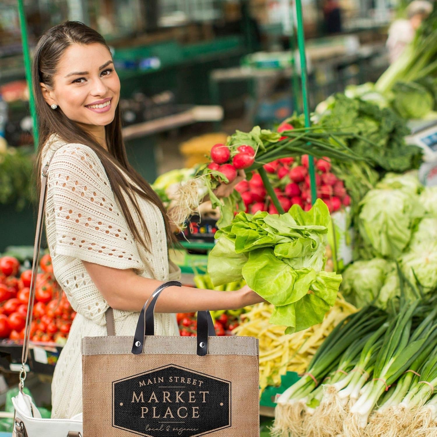 Santa Barbara Design Studio Main Street Farmers Market Tote, Reusable Burlap Grocery Bag with Leather Handle, Purse for Beach or Picnics, Food Lovers Gift Idea, 12.5 x 9.5 Inches
