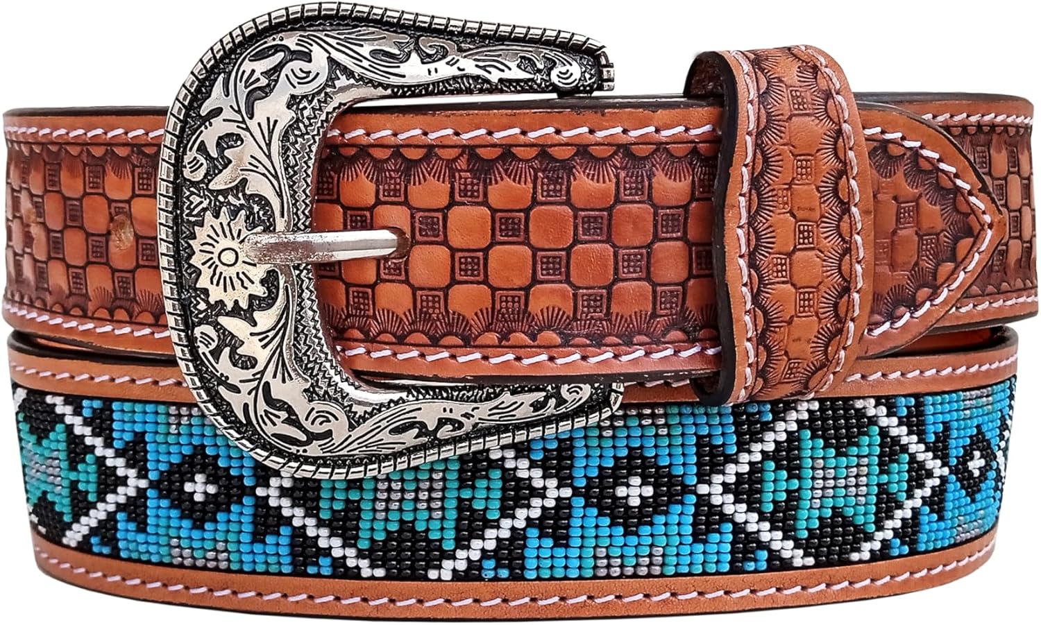 Affilare Western Tooled Leather Beaded Belt For Men and Women 30AB011