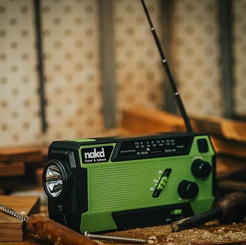 Miniatura 9 de Radio de emergencia meteorológica de manivela dinamo, solar, USB y batería - Batería mejorada de 14800 mWh, linterna, alerta de tormenta NOAA,
