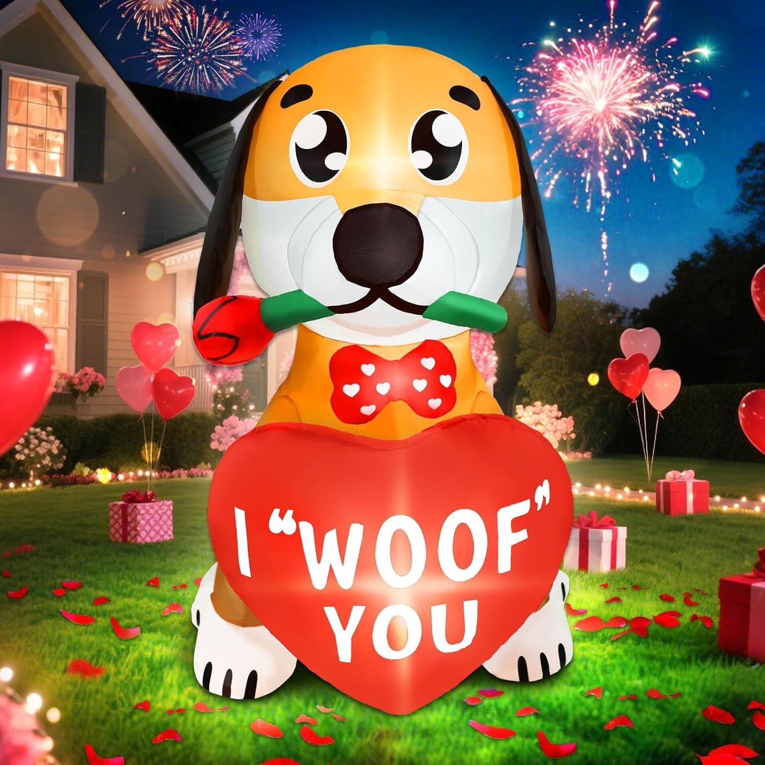 Valentine Inflatables Outdoor Decorations 4FT Valentines Day Blow Up Inflatable Yard Decoration LED Lighted Valentine's Dog with Heart Blowups Decor for Outside Garden Lawn Wedding Party Home