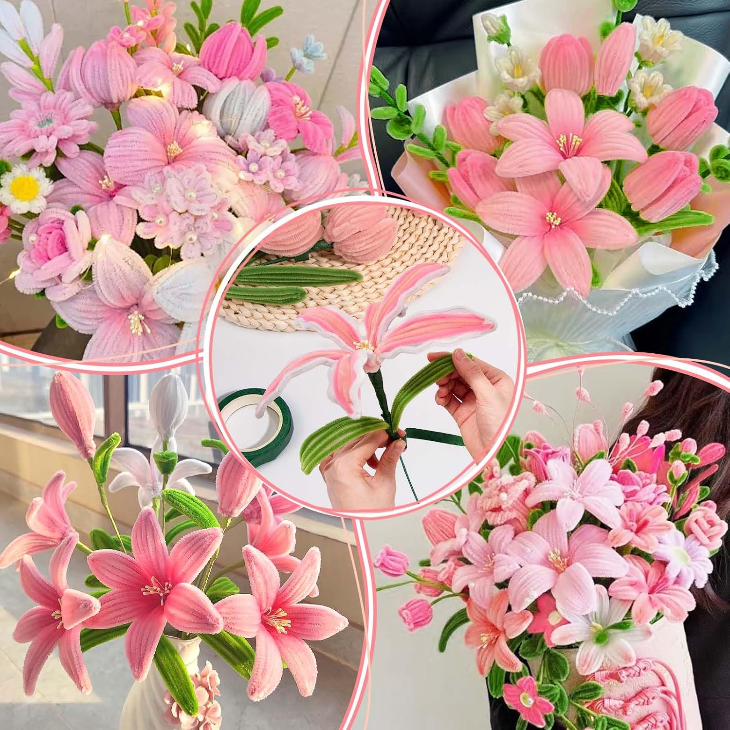 Ranslen Pipe Clearers Craft, 430Pcs Arts and Crafts Chenille Stems Craft Sticks for Projects Creative DIY Room Decor, Pink Art Supplies Flower Making Kit