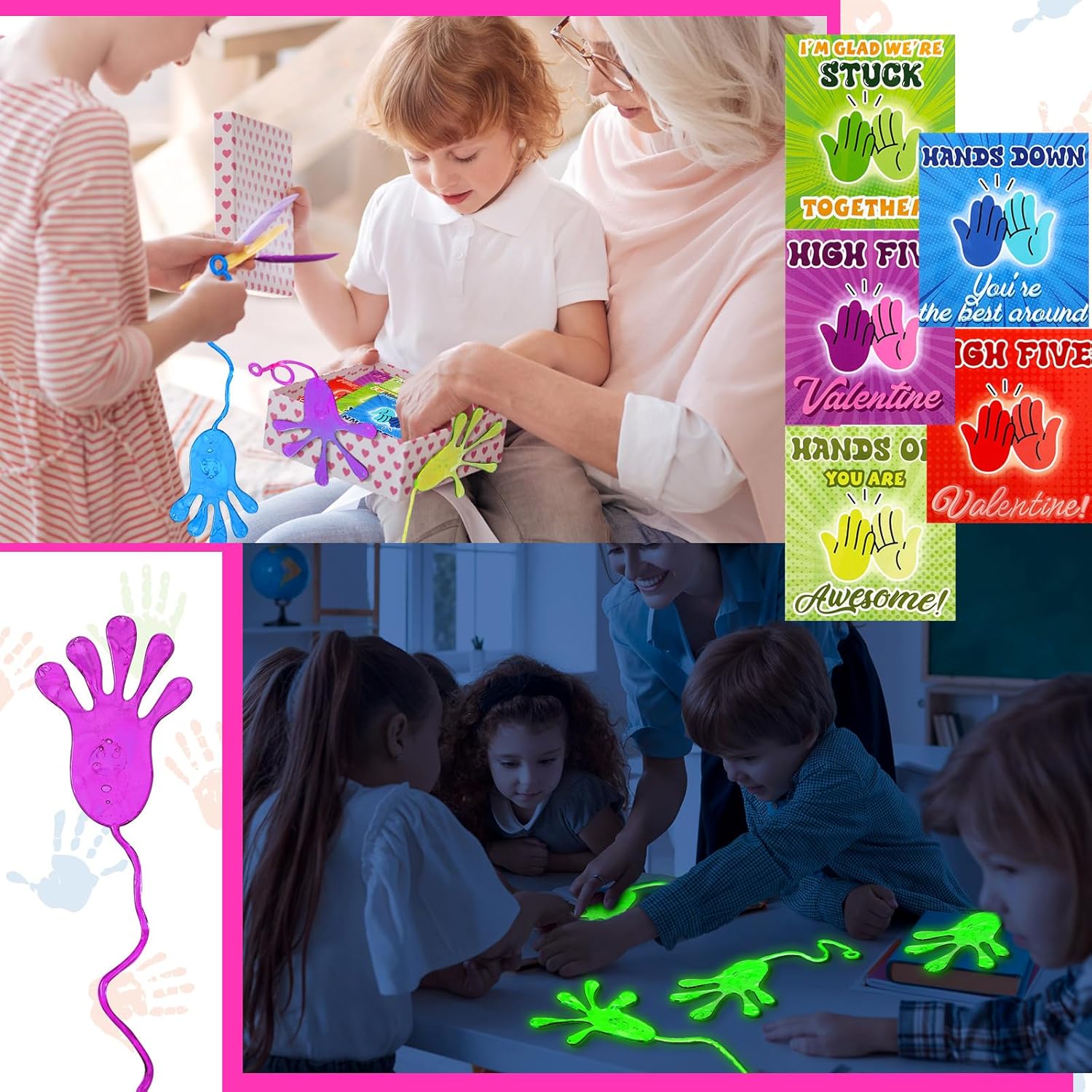 Realspring 50 Pcs Valentine‘s Day Glow in Dark Sticky Hands for Kids Valentine Classroom Exchange Gifts Cards Valentine's Party Favors Supplies Stretchy Fingers Valentine Toys Gifts