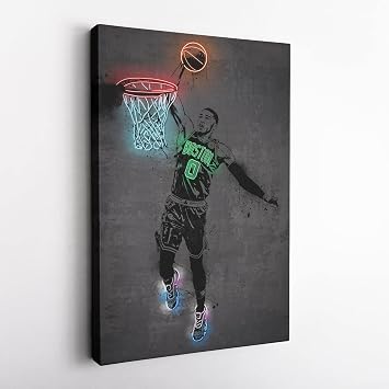 Jayson Tatum Poster Neon Boston Celtics NBA Canvas Wall Art Home Decor Framed Poster Man Cave GiftCanvas Ready To Hang, 12"x18"