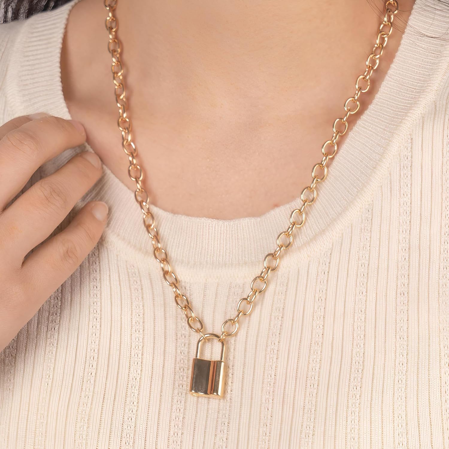Gold Lock Pendant Necklaces for Women Dainty Padlock Necklace Chunky Link Necklace Trendy Jewelry - Image 2