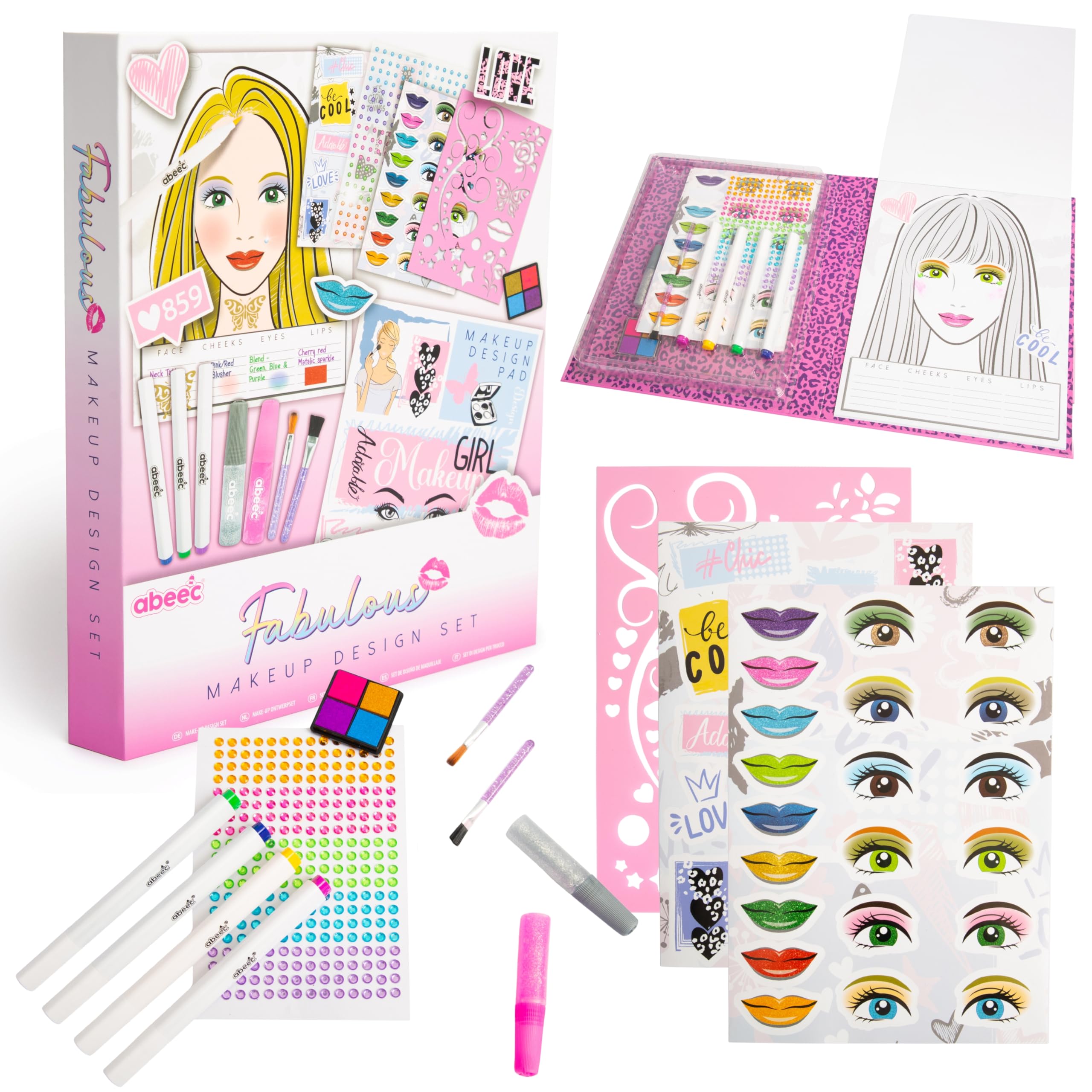 abeec Fashion Designer Kit for Girls | Makeup Design Set with 20 Page Drawing Pad, Stencils, Stickers, Adhesive Gems, Brush Markers & Glitter Glue | Creative Craft Gift for Girls Ages 5+