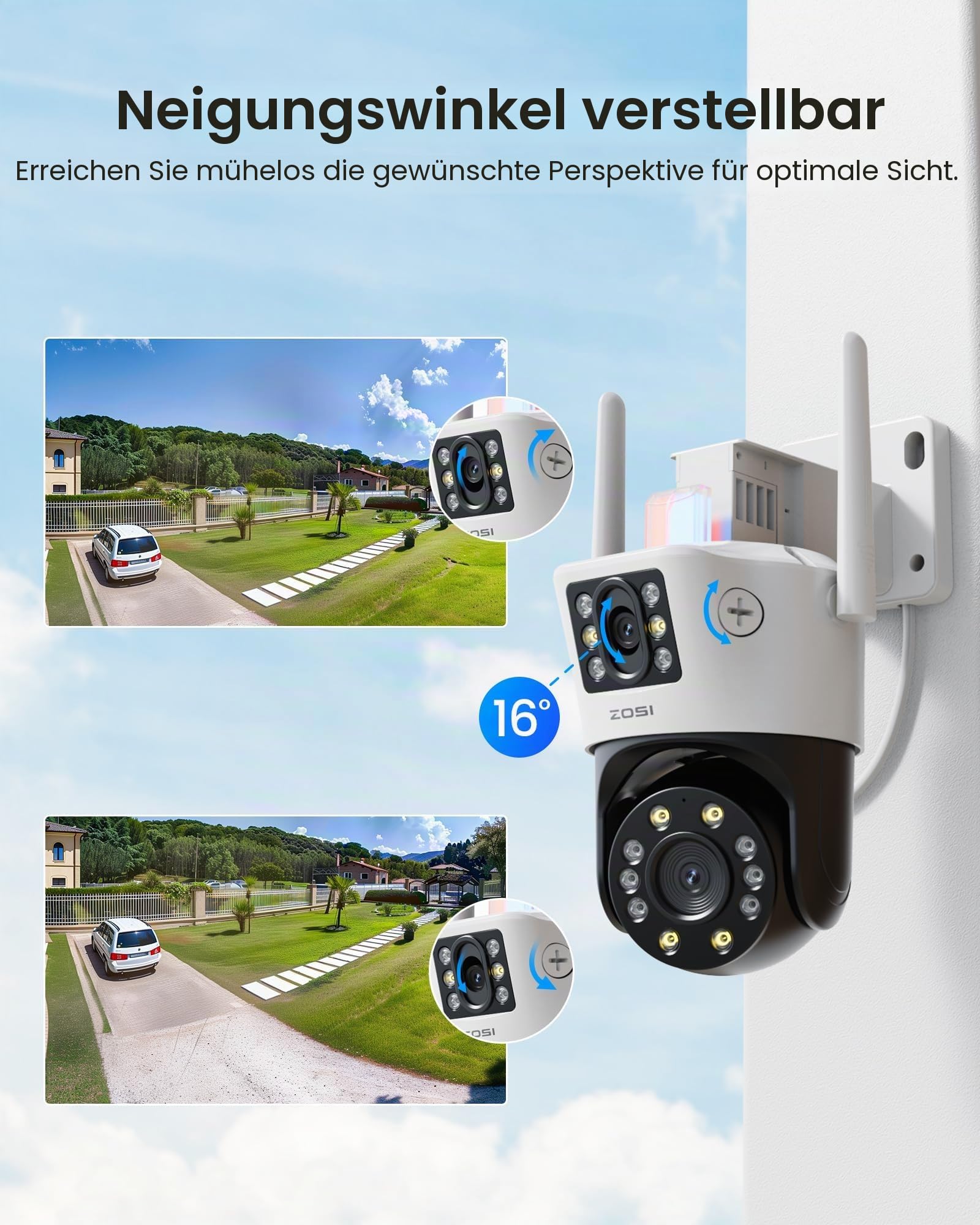 ZOSI Duallinse PTZ Überwachungskamera Außen WLAN 2MP+2MP 2,4Ghz WiFi Kamera