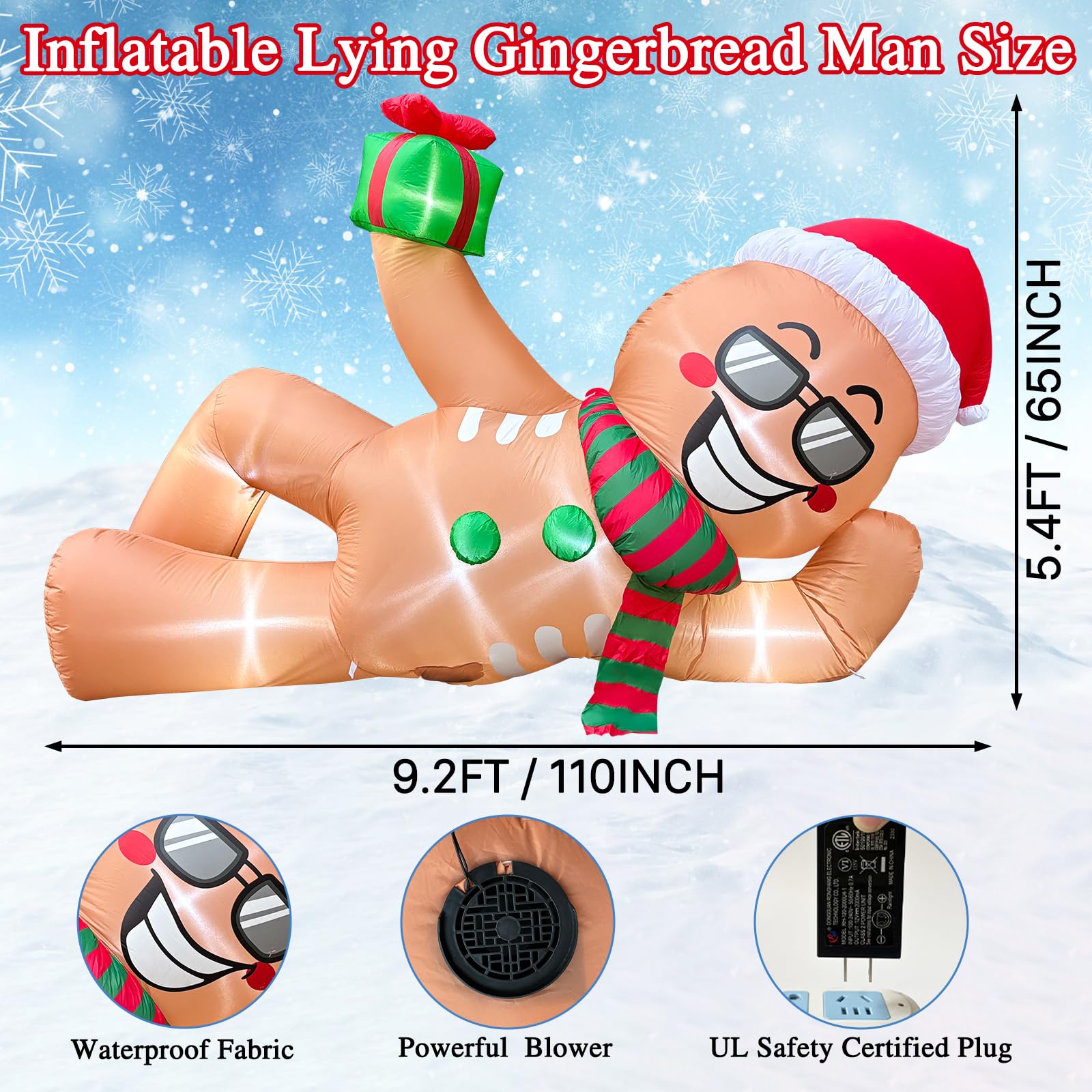 Bonhomme en pain d'épice gonflable géant de 2,8 m - Décoration d'extérieur - Bonhomme en pain d'épice endormi géant avec lumières LED pour avant-toit, extérieur, jardin, pelouse, Noël, hiver