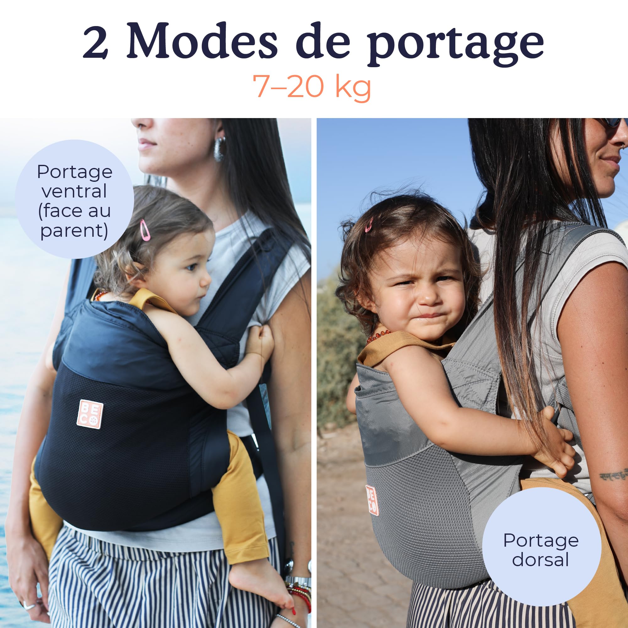 Beco Fly Mochila Portabebé Ligera Niño, Plegable, 7-20 kg, Gris | Malla Transpirable para verano, Porteo a la Espalda en Posición M Ergonómica, se pliega en su bolsa para viajes y rutas.