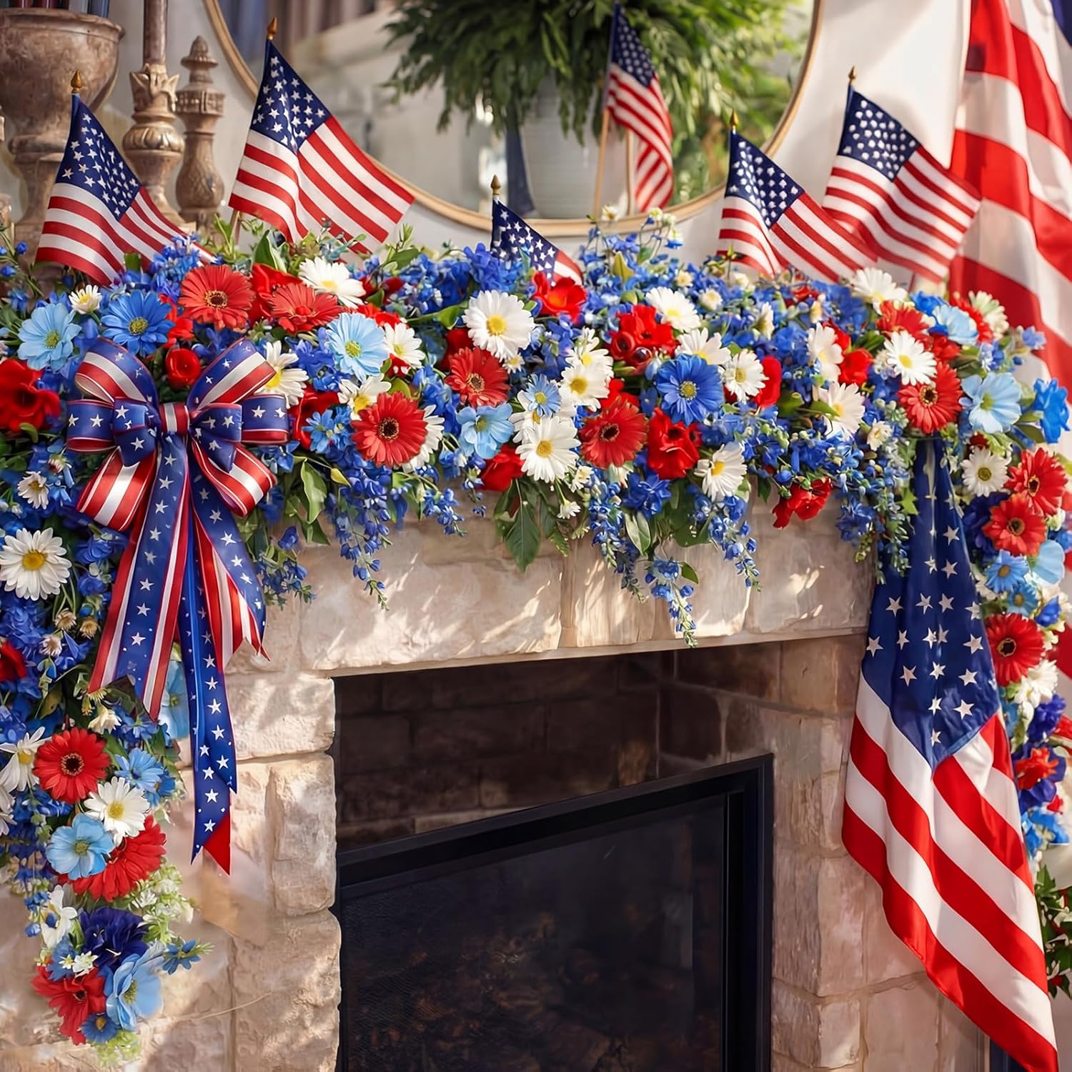 6 ft Red White Blue Garland 4th of July Patriotic Flower Garland for Mantle Artificial 250th Decoration with Daisy Lavender Vine Memorial Day Faux Floral for Independence Table Decor