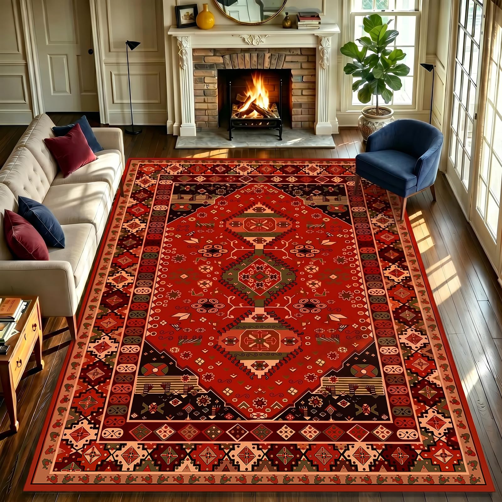 WUTONG Red Vintage Area Rug 180x280cm,Deep Burgundy Transitional Boho Style Rugs for Dining Room,Soft Short Pile Carpet for Dining Room