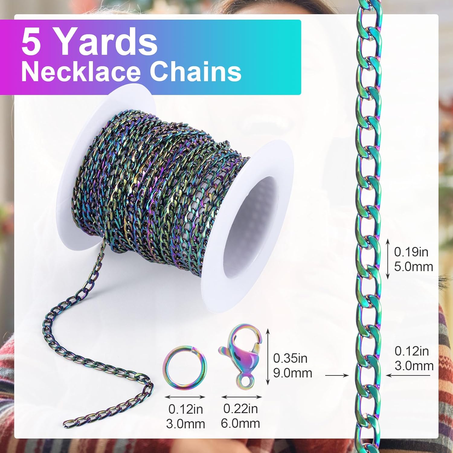 PAGOW 16.4 Feet 5 Yards Colorful Unwelded Twisted Cable, 2.8x4.4mm Jewelry Chains, Necklace Chain Link with Spool, 8pcs Lobster Clasps, 20pcs Jump Rings for DIY Jewelry Making, Bracelets - Image 2