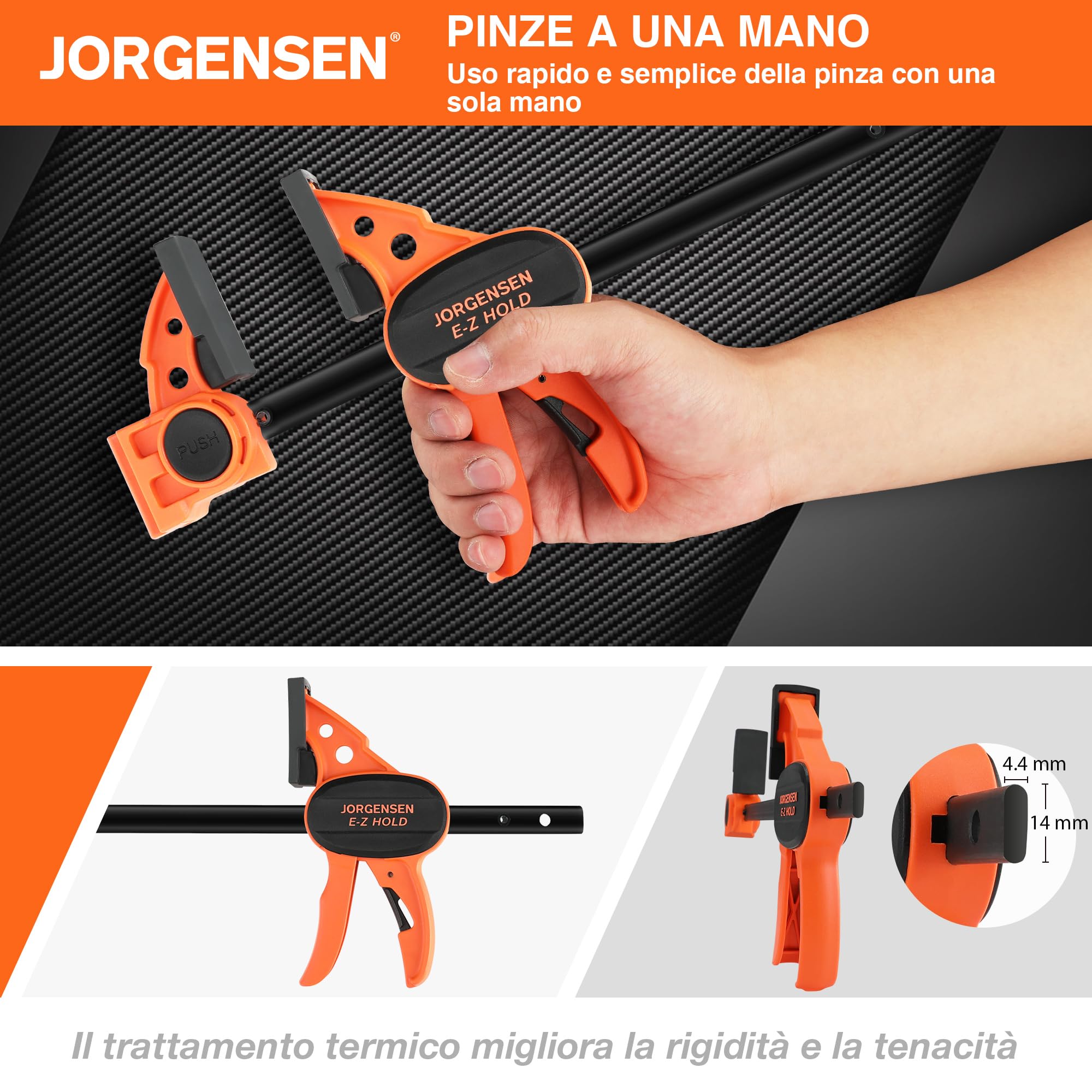 JORGENSEN Morsetti da Falegname 4 Pezzi 150mm, Set di Morsetti per Legno a Sgancio Rapido per il Serraggio e l'allungamento, larghezza di serraggio da 400mm, Fissaggio del Legno con una Sola Mano