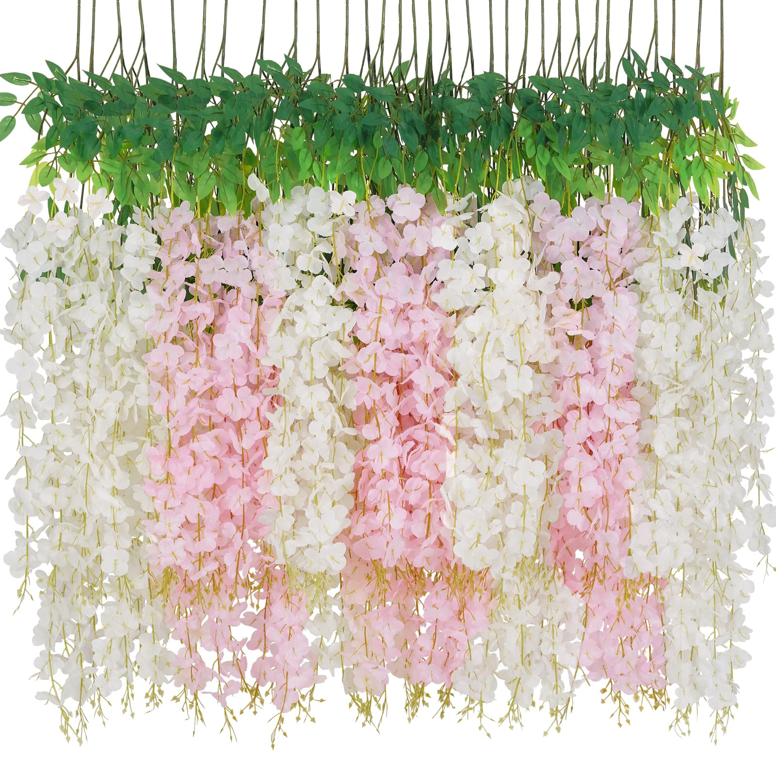Waipfaru 24 Pack Wisteria Hanging Flowers, 3.6 Feet/Pcs White Pink Wisteria Artificial Flowers, Fake Wisteria Flowers Garland Vines for Bedroom Wedding Home Party Wall Decoration