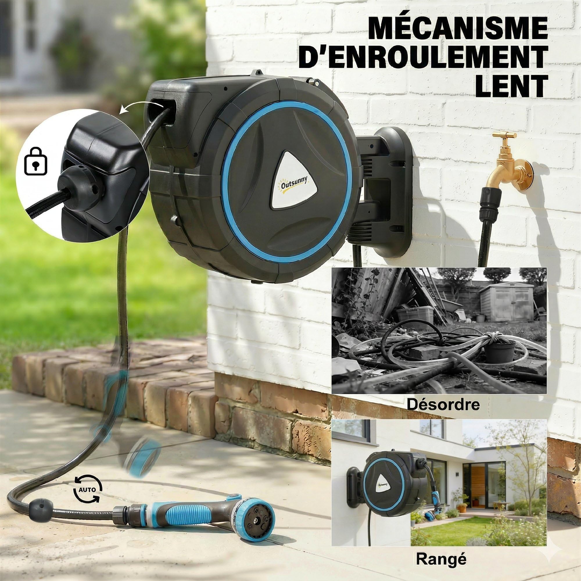 Outsunny Avvolgitore Tubo per irrigazione a parete automatico 23+2m 10+2 modalità blu | Pistola da irrigazione 10+2 modalità, soluzione di irrigazione retrattile e flessibile, giardino, pulizia auto