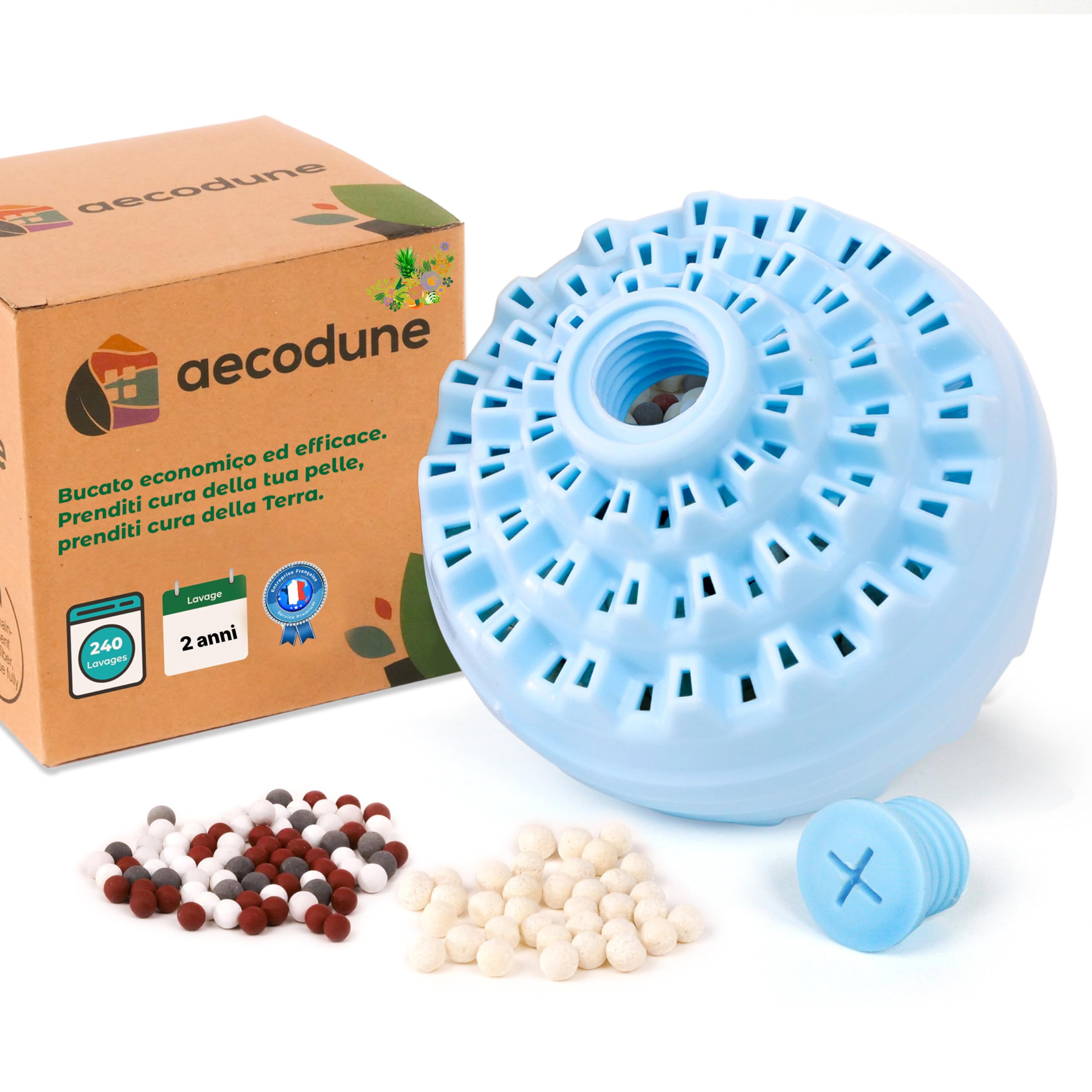 aecodune 2 anni di detersivo ecologico ed economico – 240 lavaggi – lavatrice a sfera – detersivo naturale in perle di bucato Zero Waste – fiori ipoallergenici – anticalcare